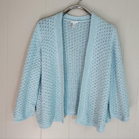 Chico's Open Front Cardigan Aqua Blue Open Knit Size 3 16 - Picture 1 of 10